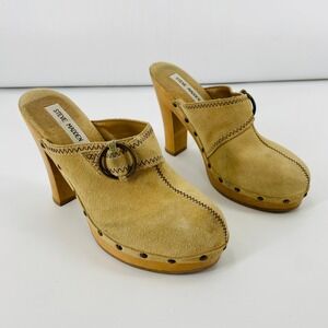 Steve Madden Faris Clog Mules Women 8.5 Tan Suede Wood Heel Studded Buckle